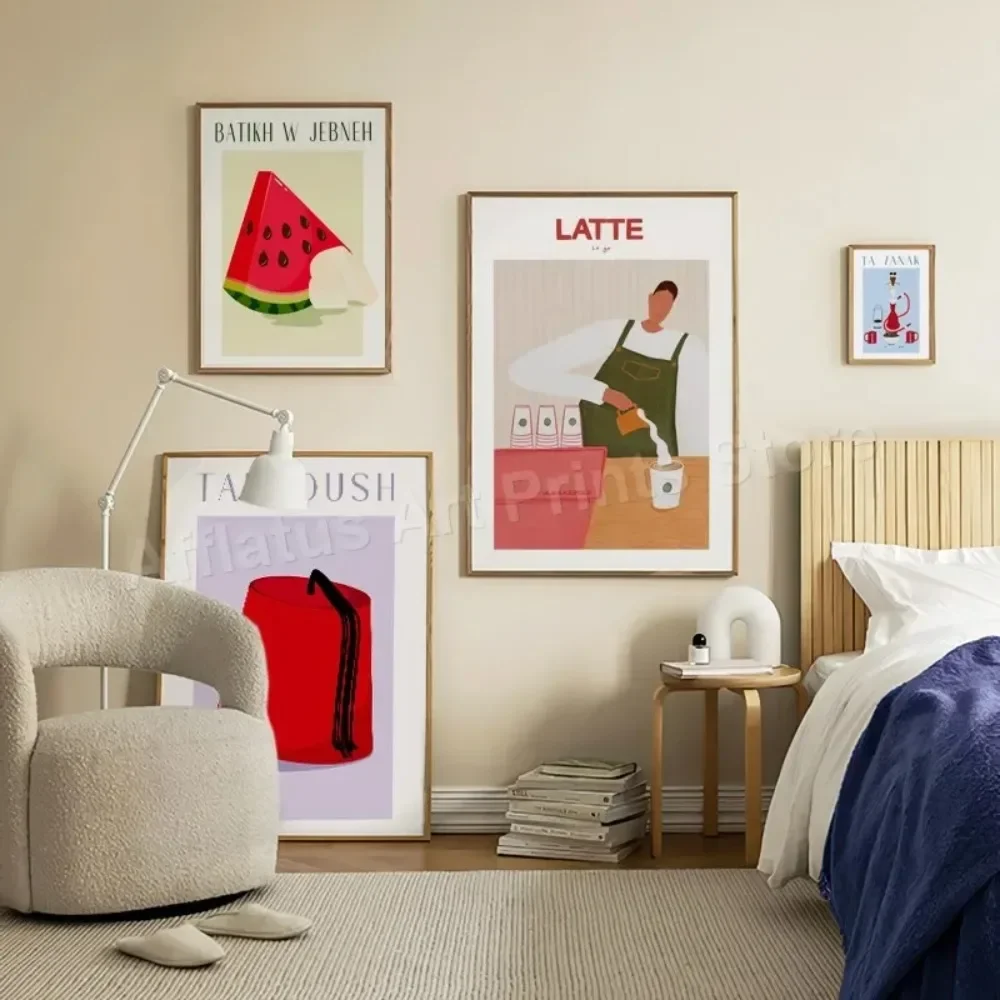 مجردة القهوة الشيشة البطيخ لبنان Bonjus الغذاء منتصف القرن الملصقات ل جدار الفن قماش الرجعية يطبع ديكور المطبخ