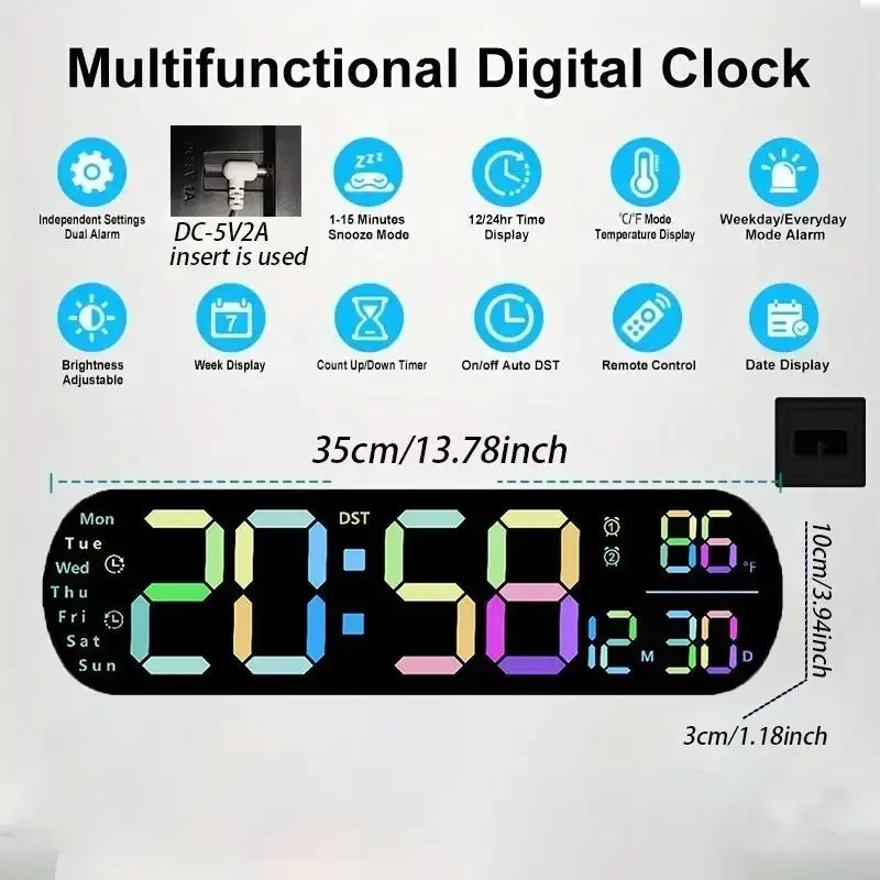 Multi Functional LED Display Clock, Digital Wall Clock with Adjustable Atmosphere Light, Battery/Remote Control/USB Type