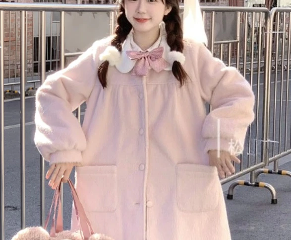 Winter Lolita Fashion Thickened Sweet Peter Pan Collar Coat Cute Girls Woolen Loose Versatile Age-reducing Long-sleeved Tops