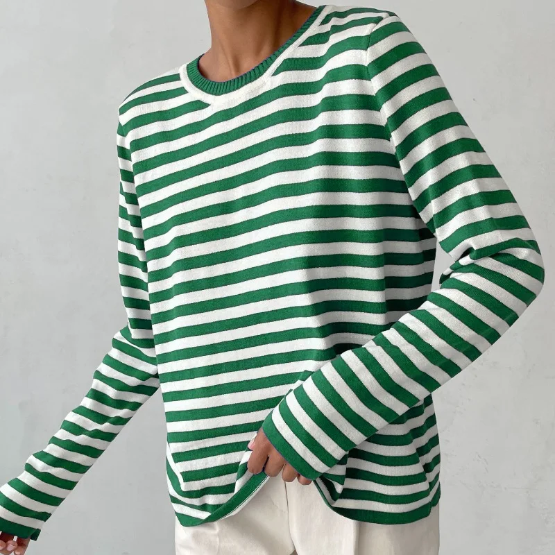 Women Striped Knit Sweater Round Neck Long Sleeve Loose Fit Pullover Casual Ladies Autumn Winter Knit Top