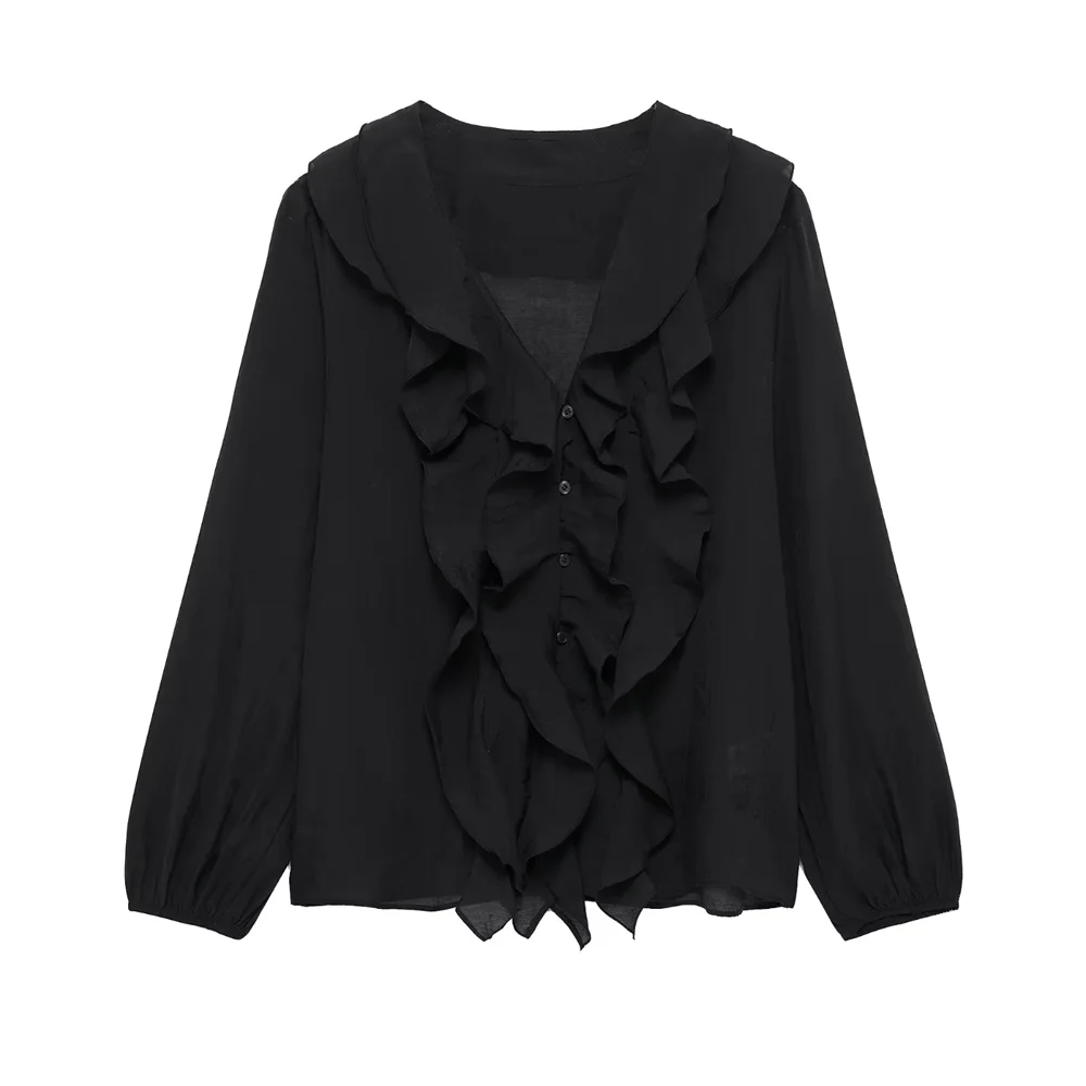 2025 RARA Women's V - neck Long - sleeve Blouses with Ruffled Trim in Crisp White and Classic Black