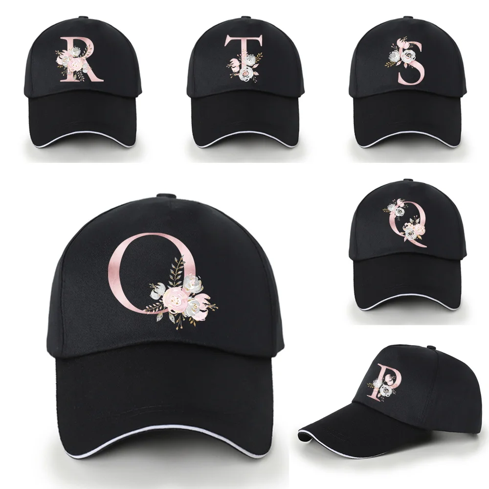 Pink Flower Letter Printed Baseball Cap Black Wild Hip-hop Hat Hipster Must-have Peaked Cap Unisex Casual Summer Outdoor Sun Hat