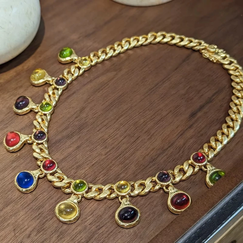 Europe Vintage Top Quality Luxury Brass Gold Plated Colored Glass Necklace Women Jewelry