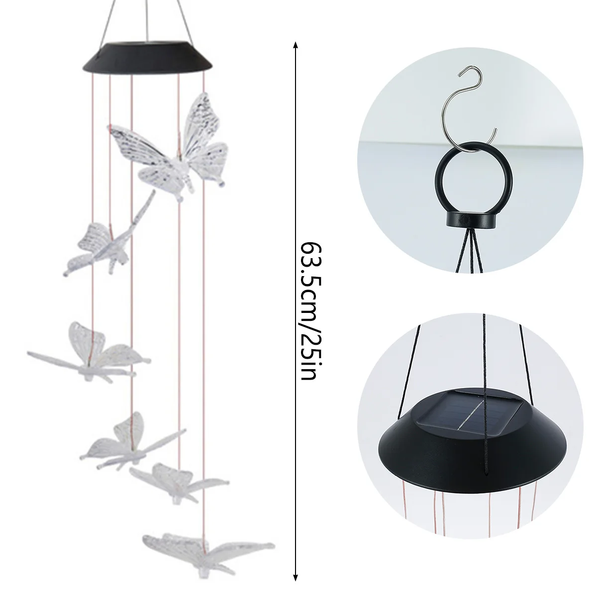 Solar Wind Chimes Light, Butterfly Garden Lamp, Luzes solares, Wind Chime, Luz colorida, Lâmpada de suspensão impermeável, Decoração do jardim