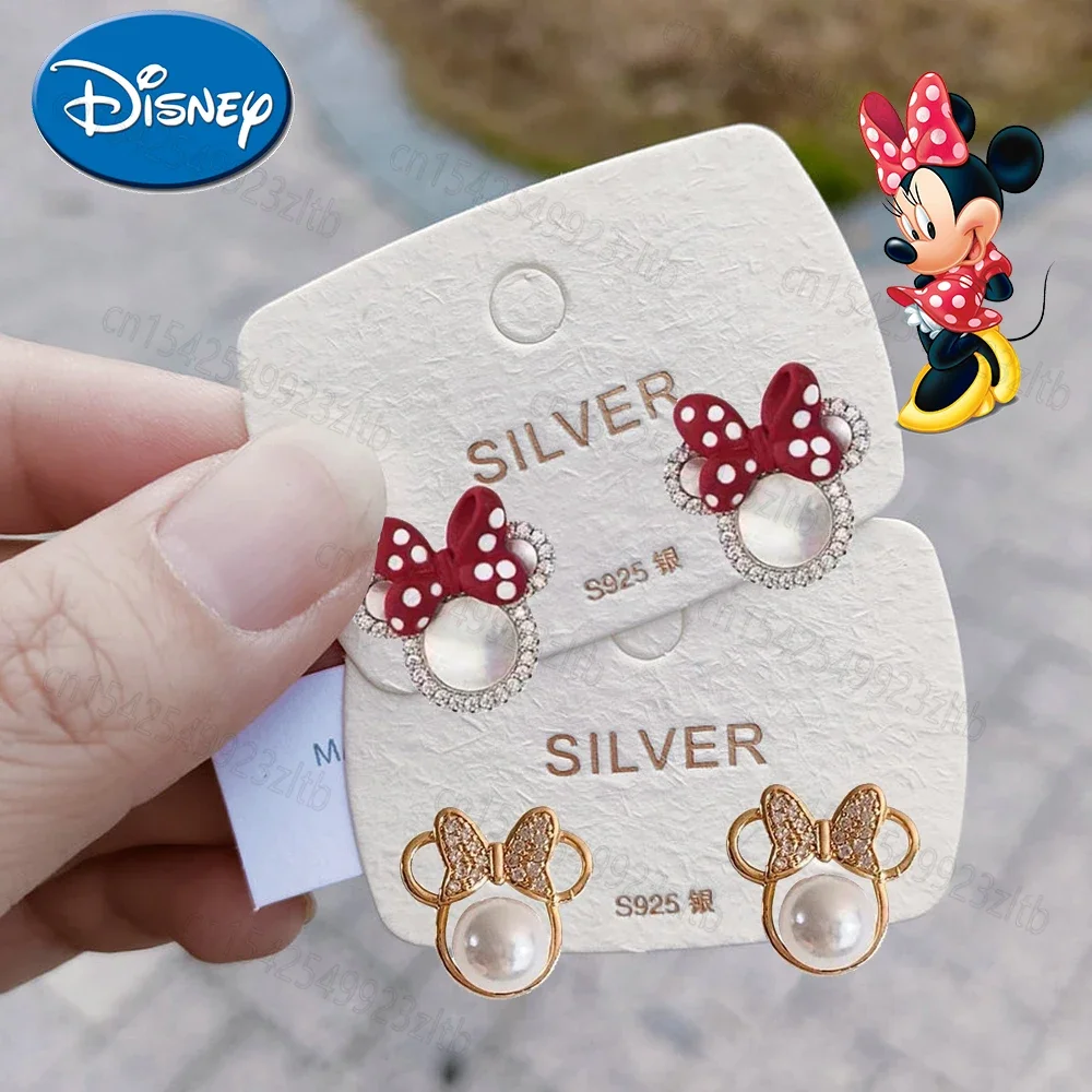 Disney S925 Ear Stud Mickey Minnie Mouse Head Kawaii Sterling Silver Earrings Star for Women Girlfriend Birthday Creative Gifts