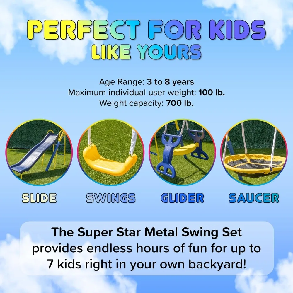 Super Star Outdoor Kids Metal Swing Set: 2 Swings, 1 Flying Saucer, 1 Glider, 1 Wavy Slide - Exceeds ASTM Standards