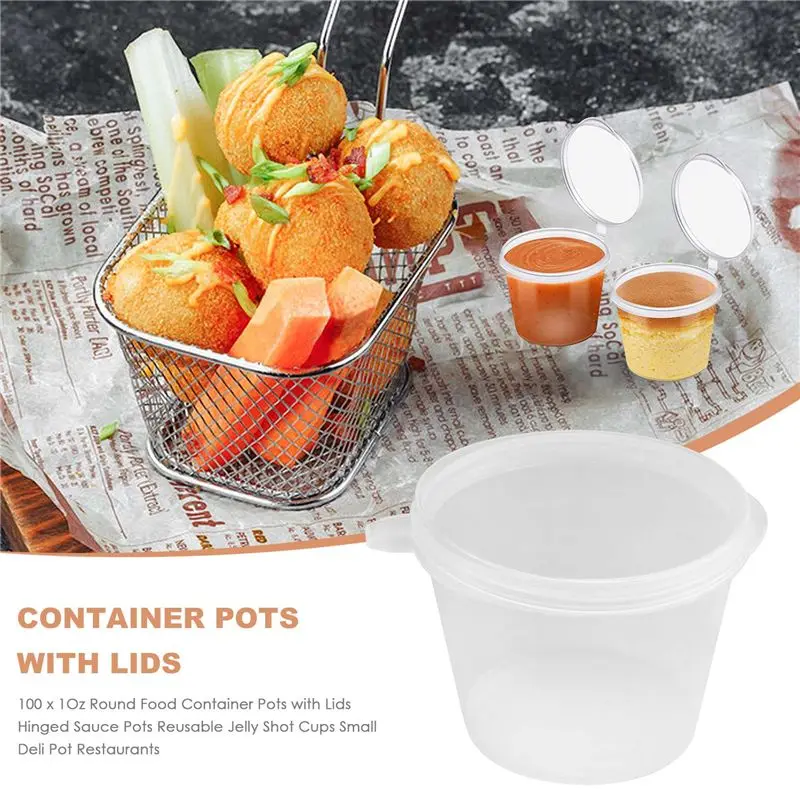 ABJO-100 X 1Oz Round Food Container Pots With Lids,Hinged Sauce Pots Reusable Jelly Shot Cups Small Deli Pot Restaurants - view 5