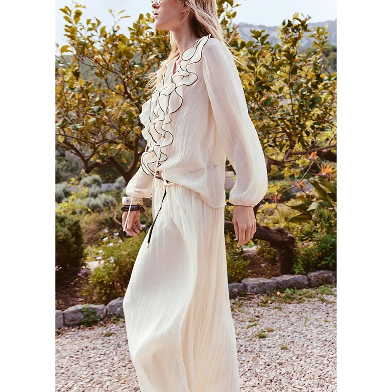 Long Sve V Ne Layered Decorative Semi Transparent irt with Belted Midi Skirt Faionable Two Piece Set Summer 2025