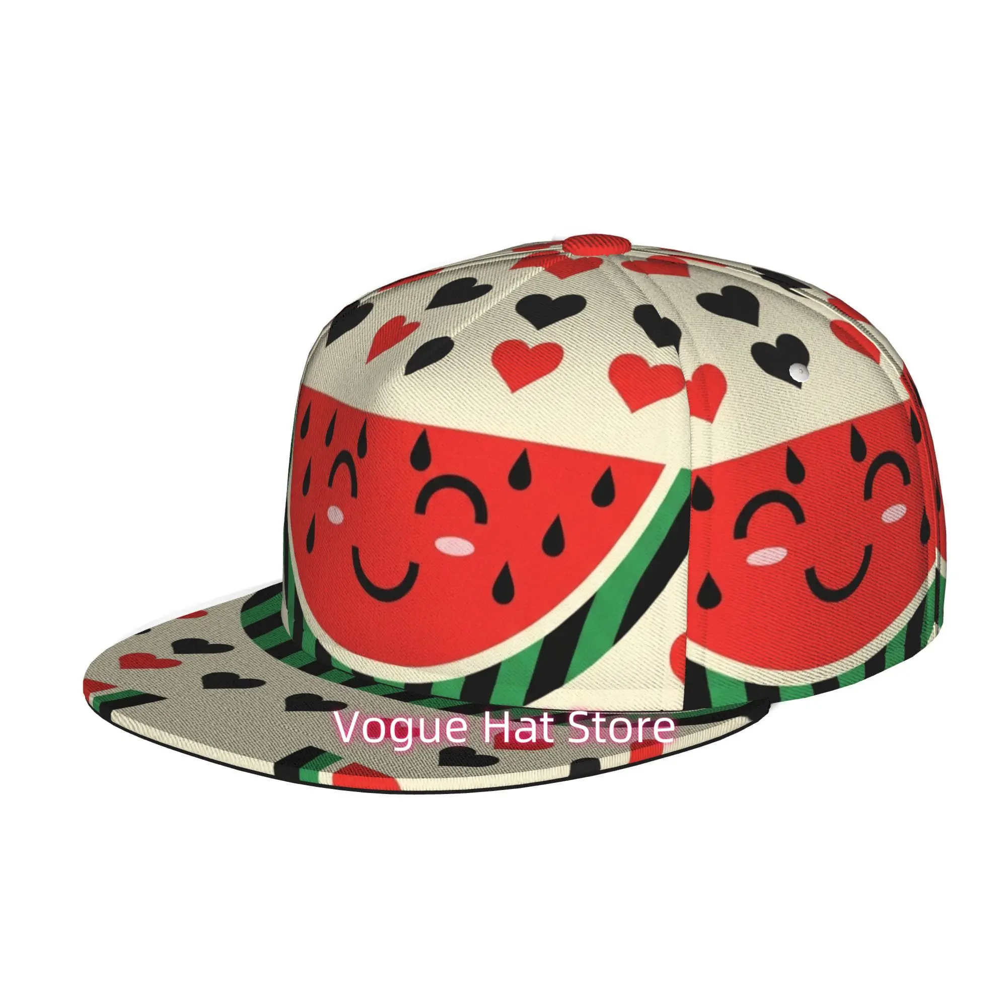Men's & Women's Baseball Cap with Watermelon Slice & Hearts Print, Adjustable Snap-On Brim, Flat-Top Design, Lightweight Suitabl