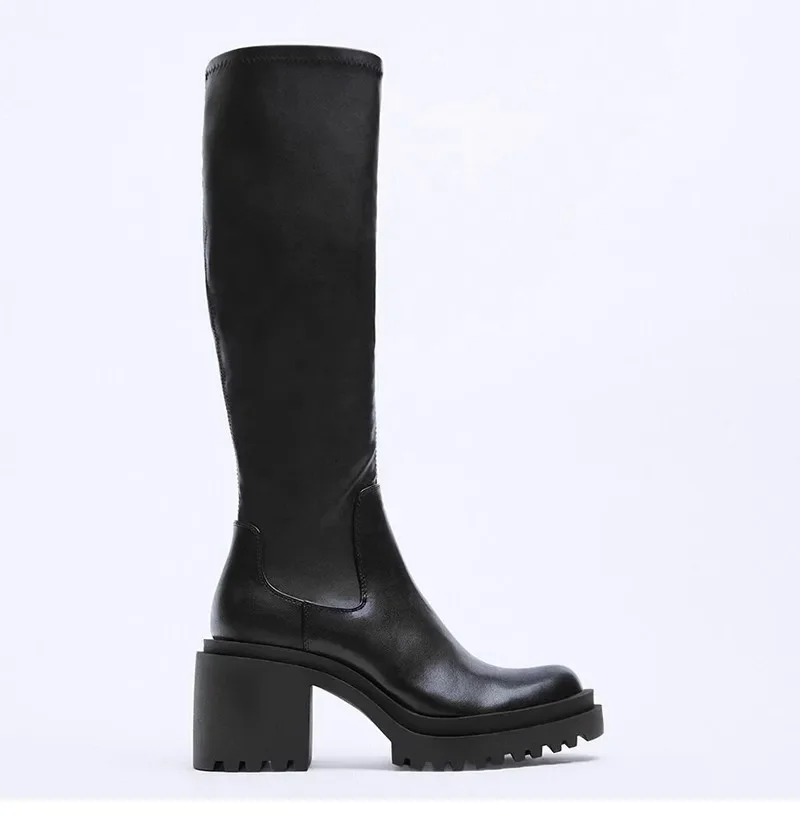 Bottes hautes en cuir noir pour femmes, talons épais, bottes longues et minces, plateforme zippée, bottes de moto pour femmes, hiver