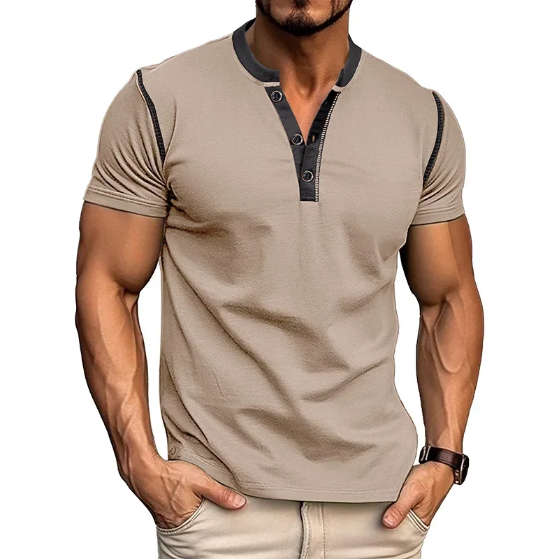 Summer Europe and The United States Men's Short Sleeve Henry Shirt Men's Casual Color Match Round