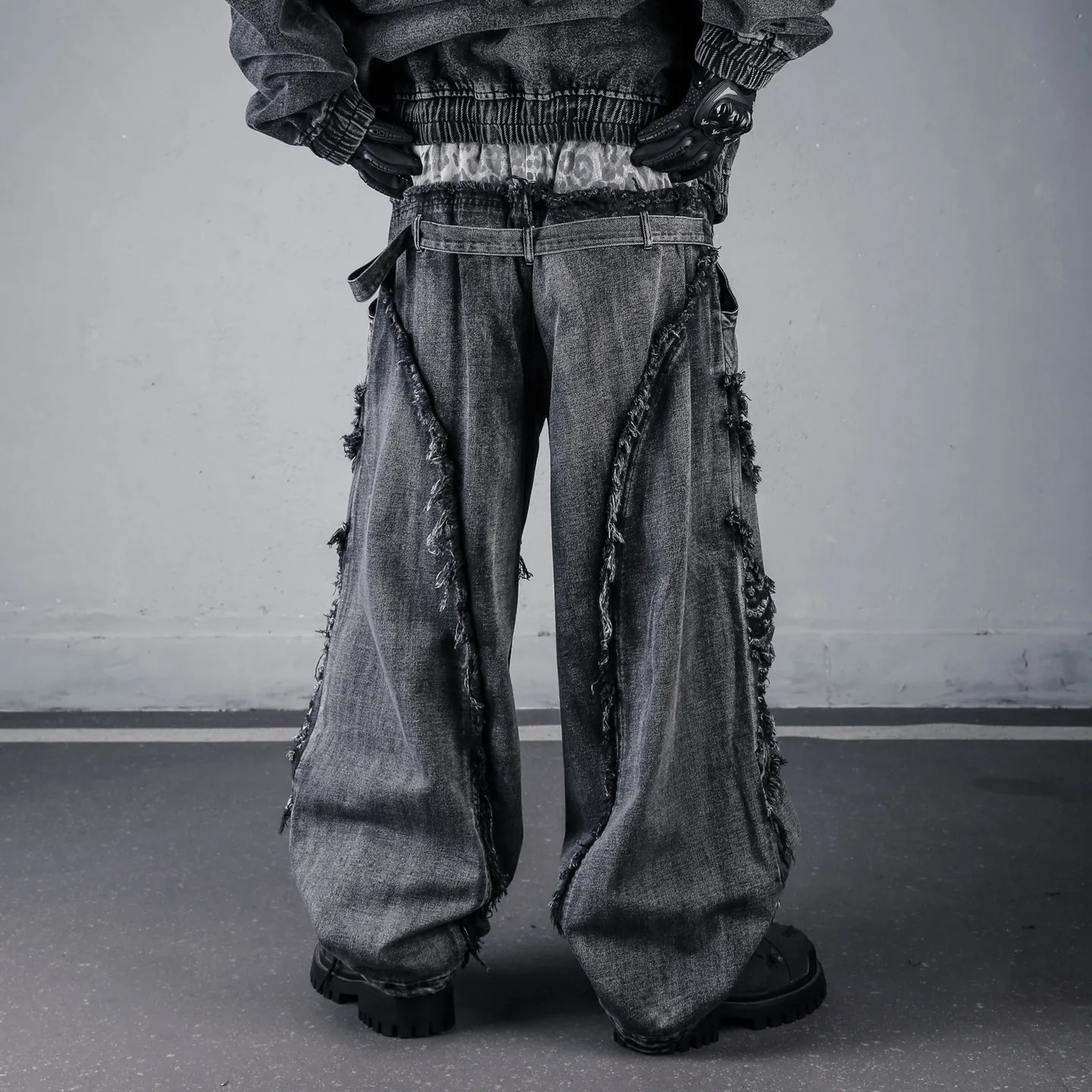 Designer Wasteland Style Leopard Splicing Double Waist Jeans Belt Street Dance High Street Wide Leg Pants Mop Trousers