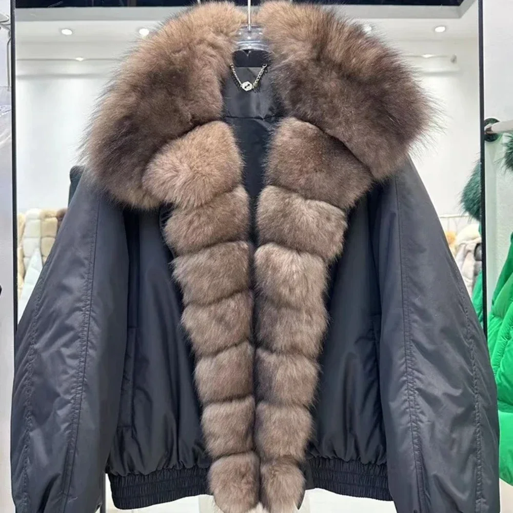 Elegancka Krótka Kurtka z Naturalnego Futra, 90% Białego Puchu Kaczy, Nowa Zimowa Kurtka Parka z Naturalnym, Dużym Kołnierzem z Futra Lisa, Damska, Luźna, Gruba i Ciepła