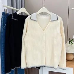 Simple Lapel V-Neck Knitted Cardigan Sweater Womens Plus Size Autumn Winter 2023 Casual Clothing Long Sleeve Jumpers H7 8001