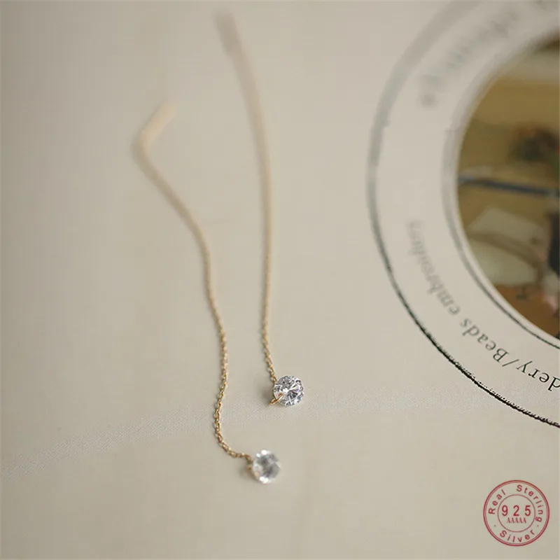 Pendientes de plata de ley 925 para mujer, aretes de circonita con borla versátil, aros largos chapados en oro de 14k, joyería de boda