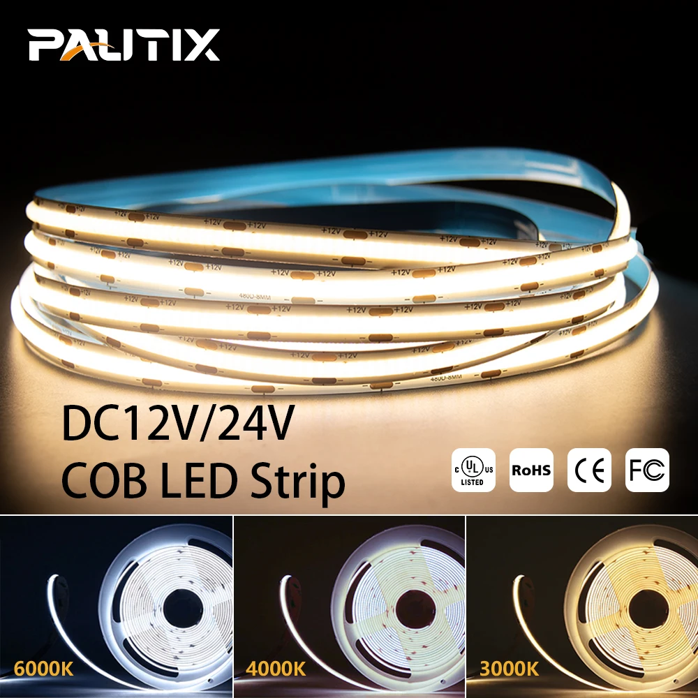 

PAUTIX COB LED Strip Light DC 12V/24V High Density 320 480 Leds/m 5m 10m Warm Nature Cool White Flexible Dimmable Light Strip