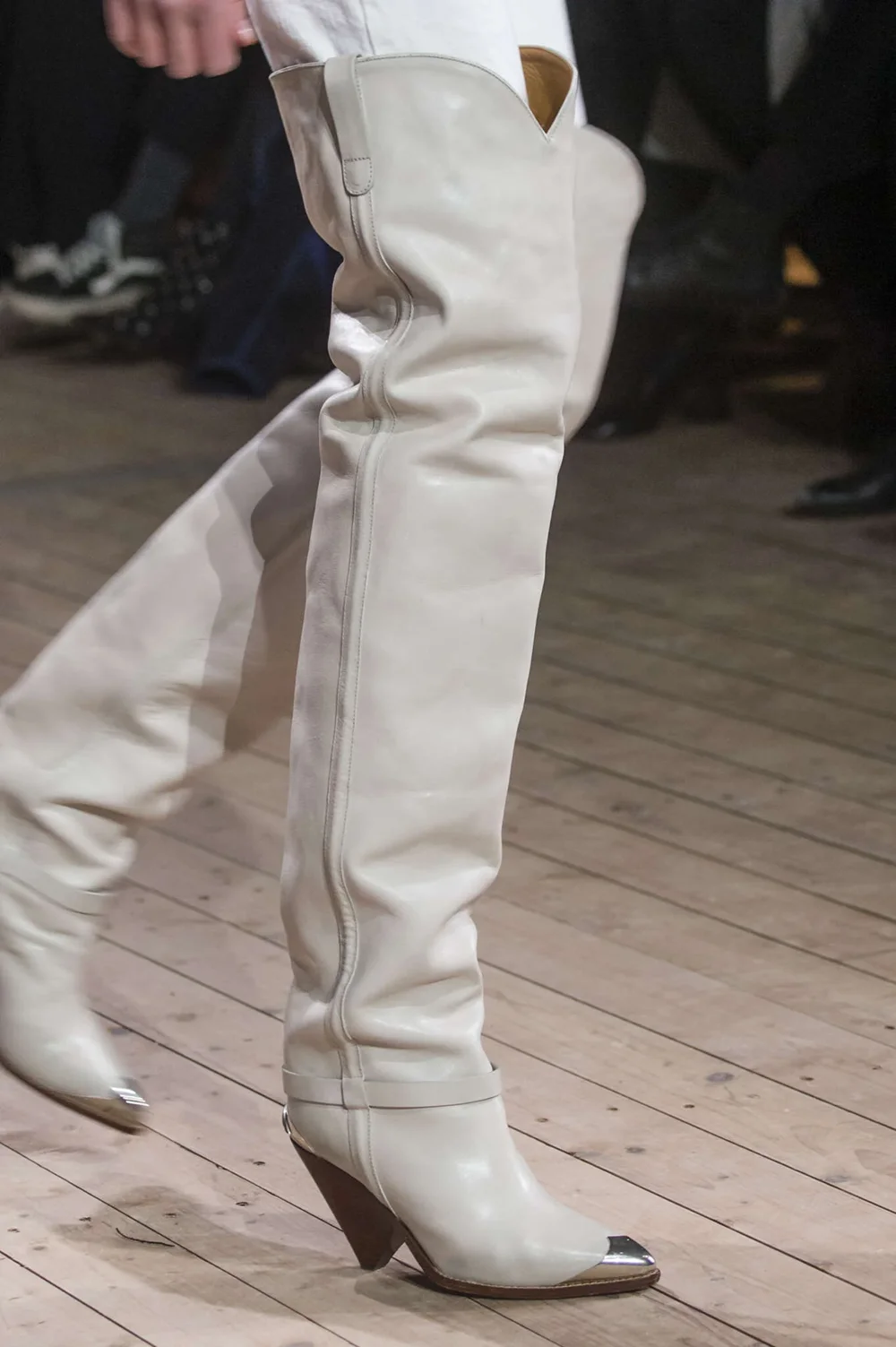 Retro Style White Leather Over The Knee Cowboy Boots Metallic Silver Pointed Toe Cap Wooden Block Heel Buckle Strap Design