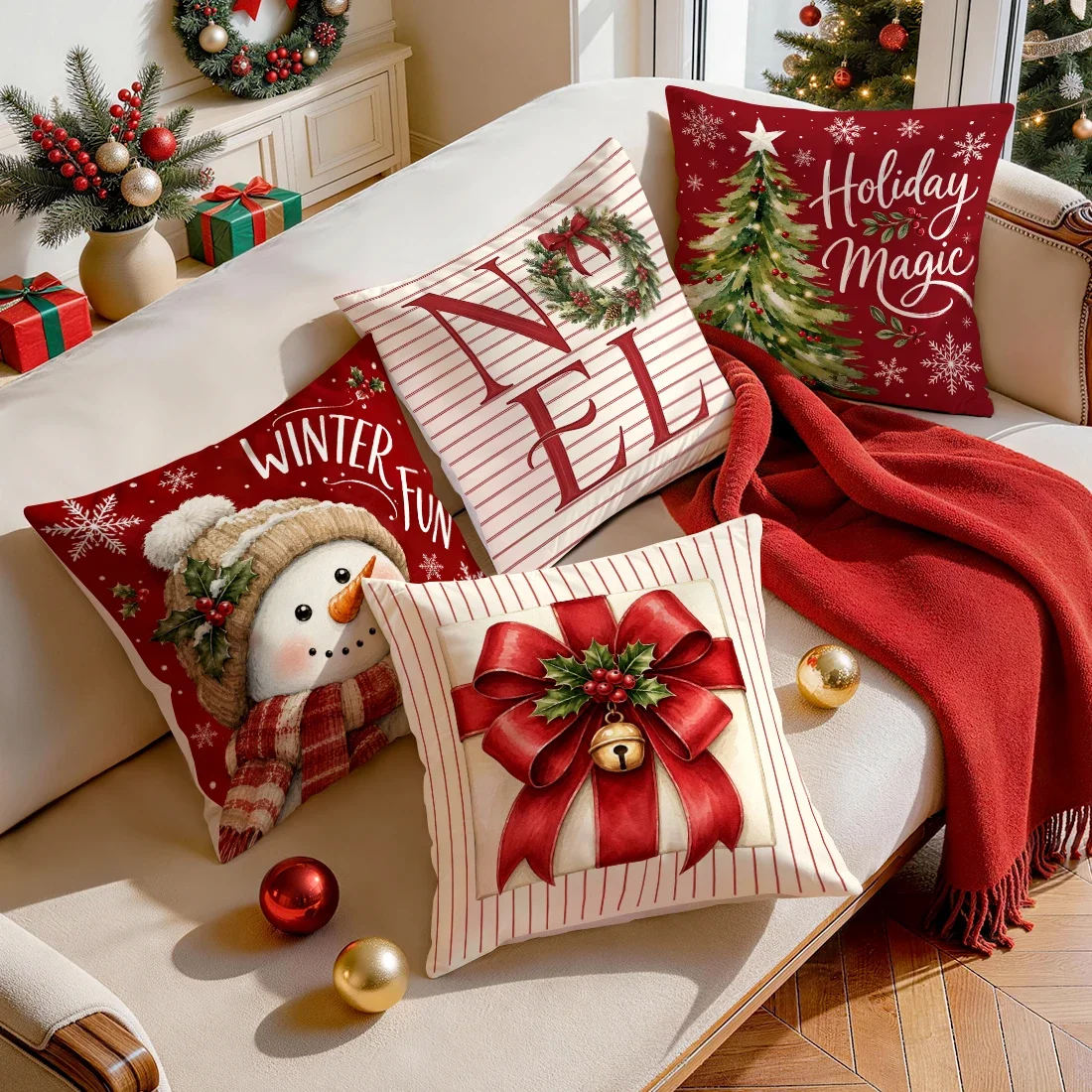 Red-Backed Snowman With Bow Christmas Cushions Pillowcase Polyester Cushion Cover Throw Pillow Pillowcover Home Car Sofa Decor