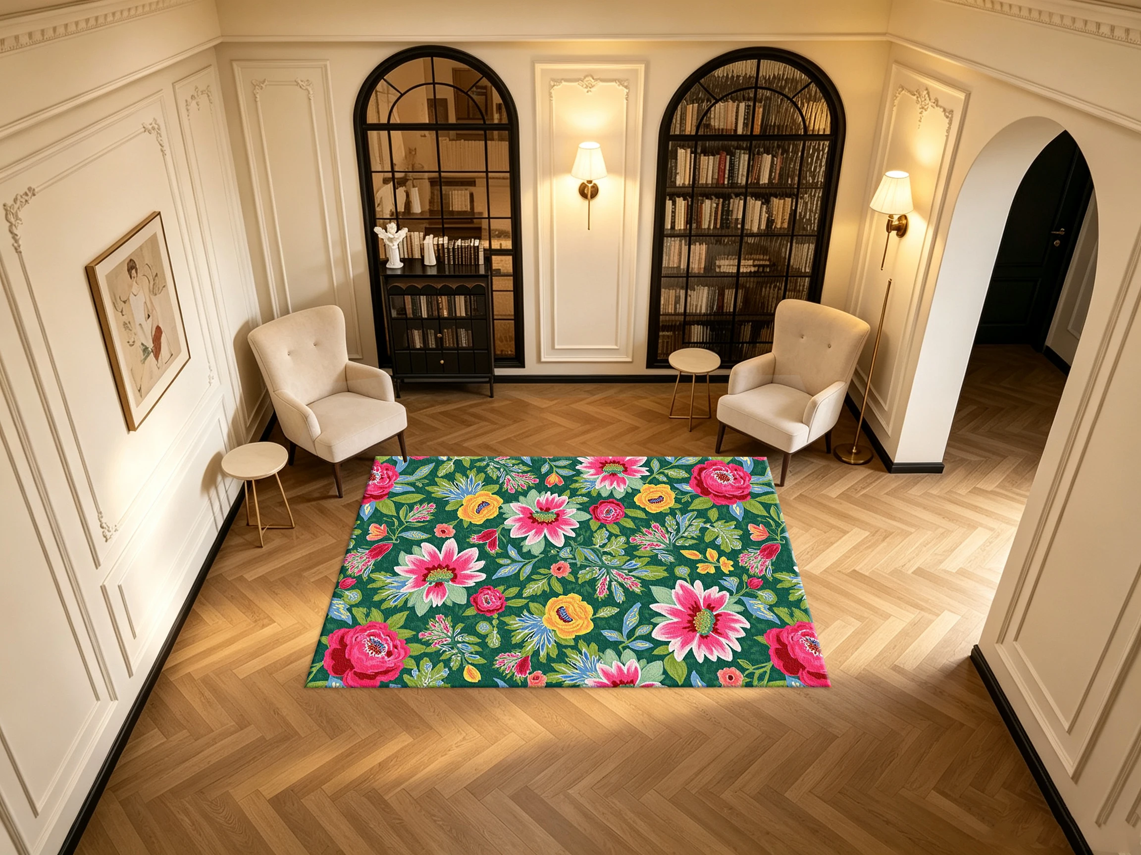 Vibrant Green Background Bright Peony Rose Floral Carpet Flooring Colorful Botanical Seamless Printed Square Area Rug for Home Living Room Decor