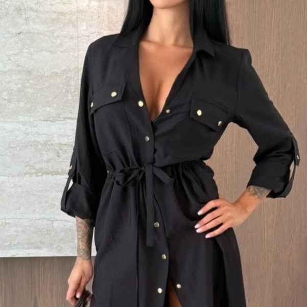 Simple Women's Solid Color Lapel Long Sleeved Office Shirt Dress Casual Spring Autumn Loose Sundress Button Evening Maxi Dresses