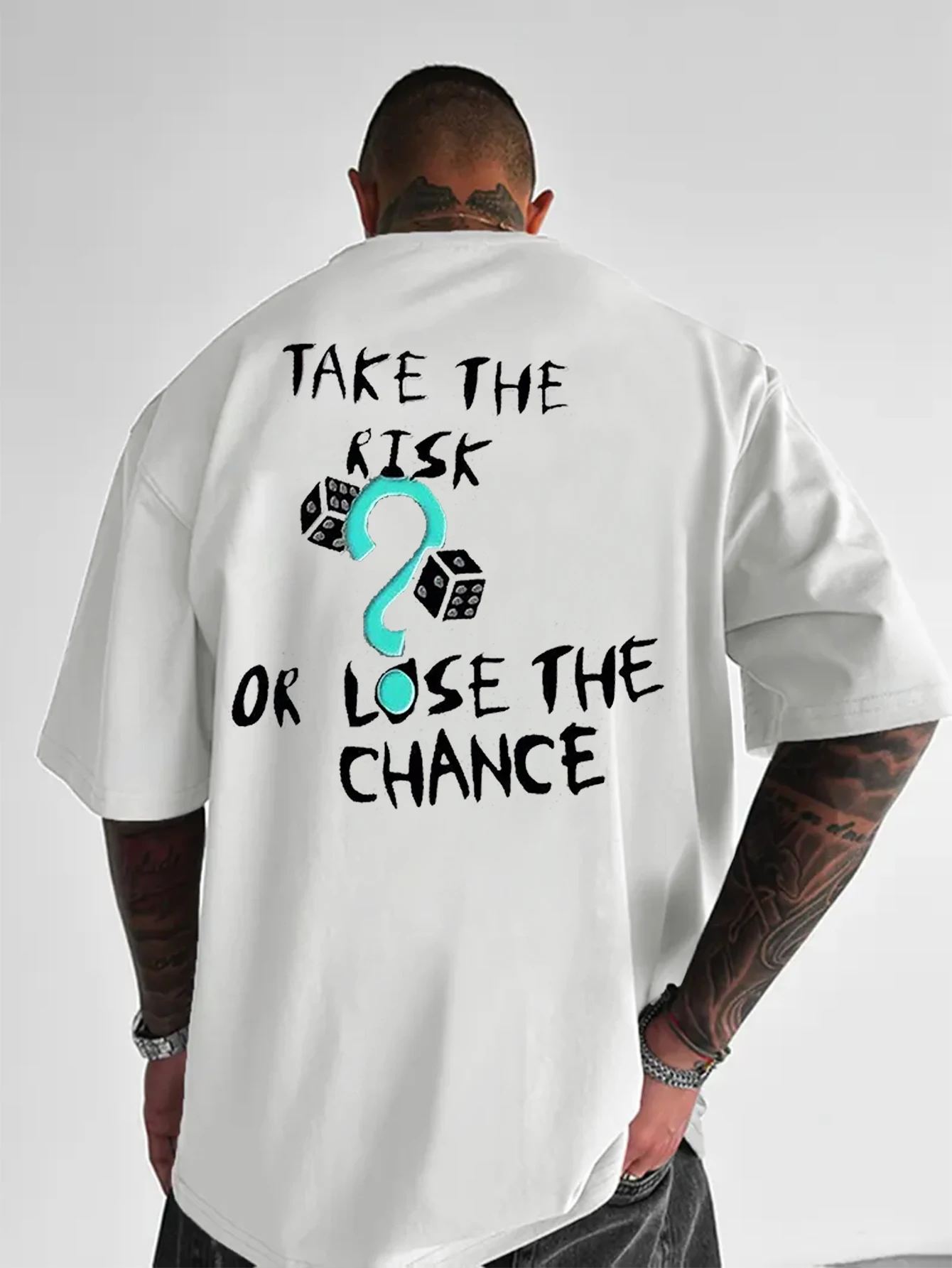 Men Oversized Crew Neck Tee, Take The Risk Or Lose The Chance Dice Text Graphic Back Print Short Sleeve Streetwear T-shirt