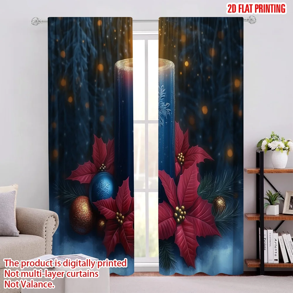 2pcs,2D plane printing Window Curtain Blue Candle Poinsettia Christmas Ornaments (3) Polyester Fabric (without rod) Versatile