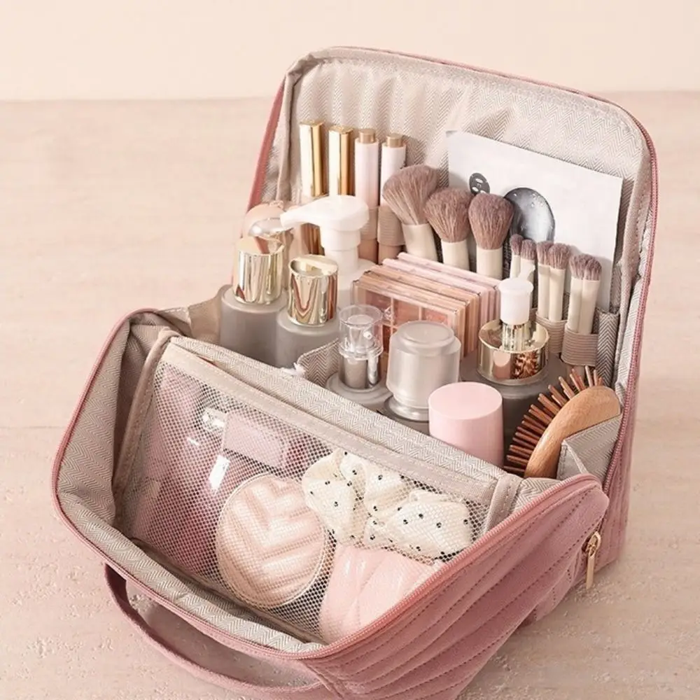 Bolsa de maquillaje de pie para mujer, organizador de cosméticos multifuncional de estilo Vertical, bolsa de equipaje de viaje de gran capacidad con múltiples compartimentos
