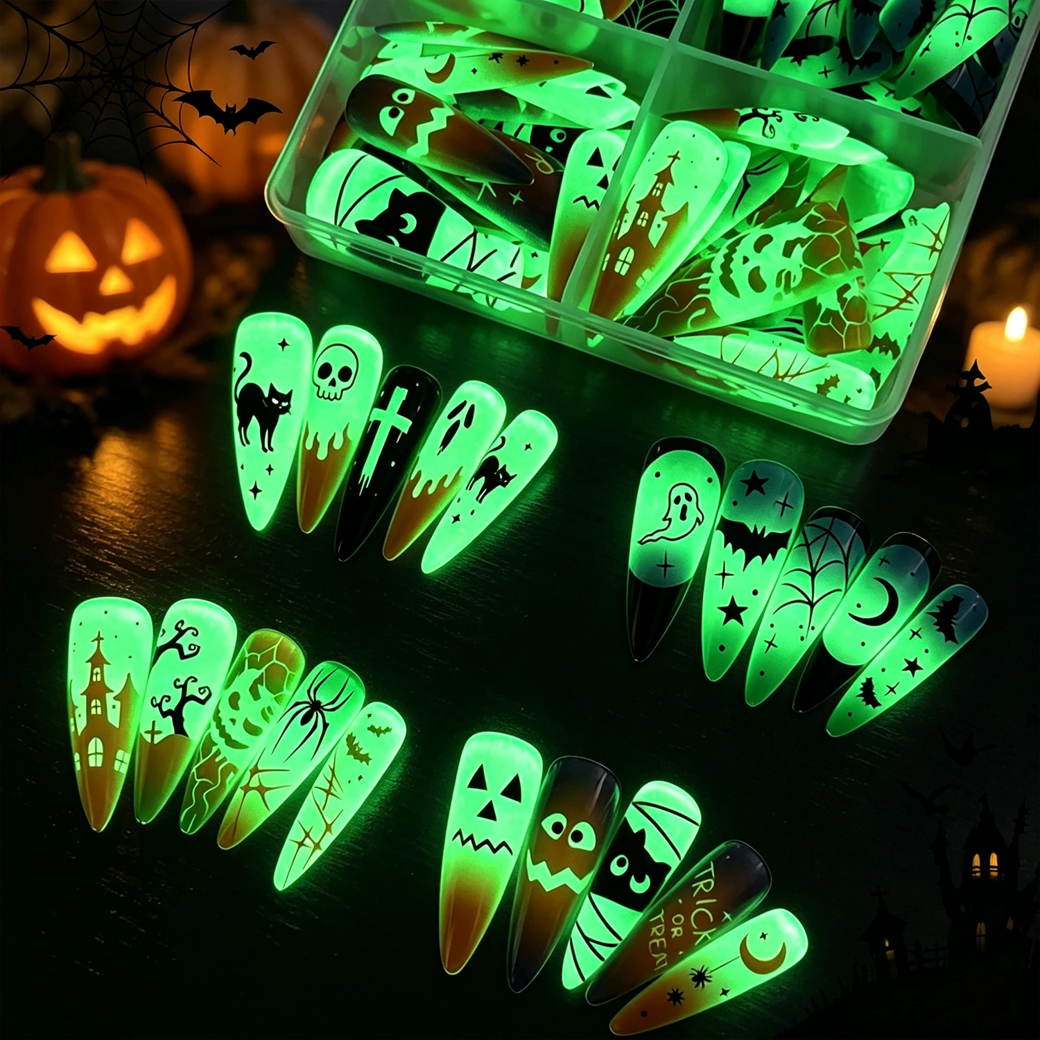 96PCS Ghost Pumpkin Spider Skull Bat Fake Nails Halloween Stiletto Press On False Nails Luminous Glow In The Dark DIY Manicure *