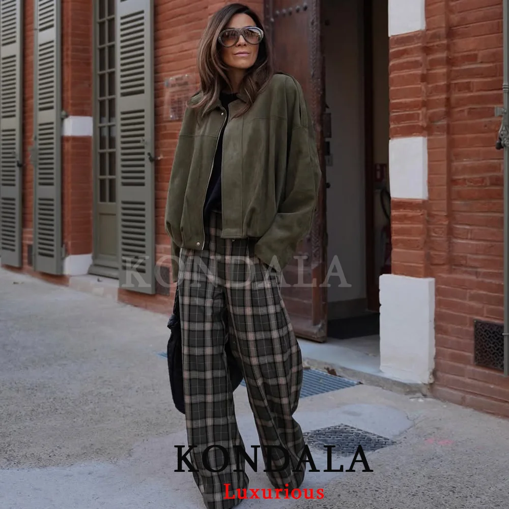 KONDALA Streetwear Chic Armygreen Suede Jackets Women Long Sleeve Zipper Oversized Coats Fashion 2026 Spring Casual Outwears