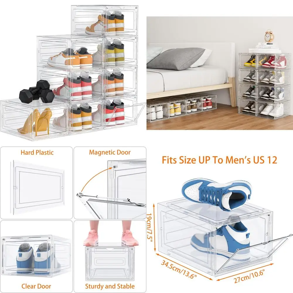 

Clear 8-Compartment Plastic Shoe Rack with Stackable Boxes for Men's Size 13