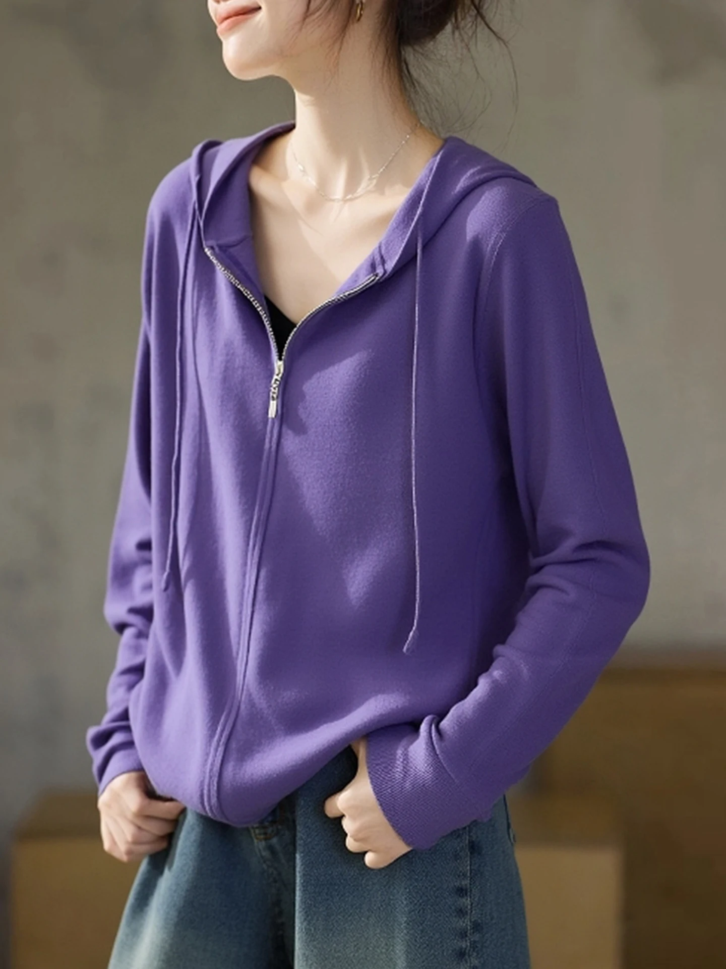 تخفيف متعدد الاستخدامات لون نقي طويل Sve Camere تريكو مقنعين سستة تصميم شتاء جديد Sle تصميم صغير كرو الشعور