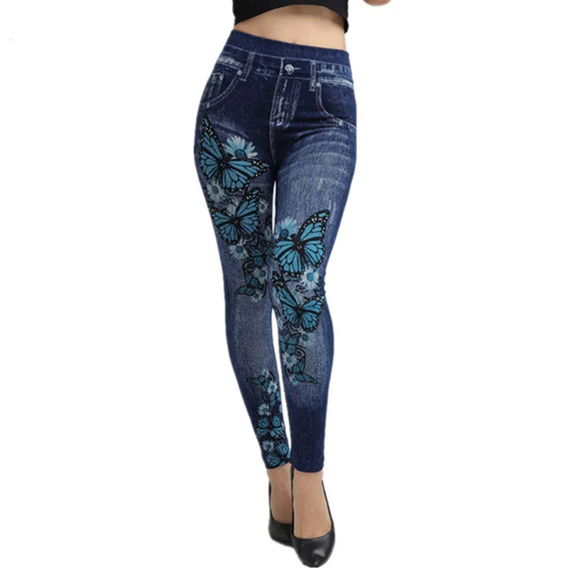 Leggings de mezclilla de imitación con estampado de mariposa Vintage para mujer, pantalones de Yoga de cadera de melocotón elásticos, altura de ajuste Sexy, ropa Capri