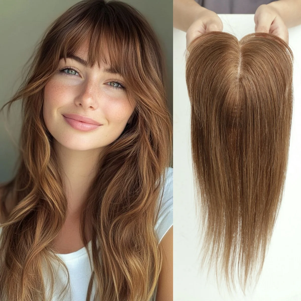 

Топперы из человеческих волос Remy, коричневые прямые шелковые зажимы для наращивания волос с челкой, топпер из человеческих волос для женщин, ежедневное использование, 14 дюймов