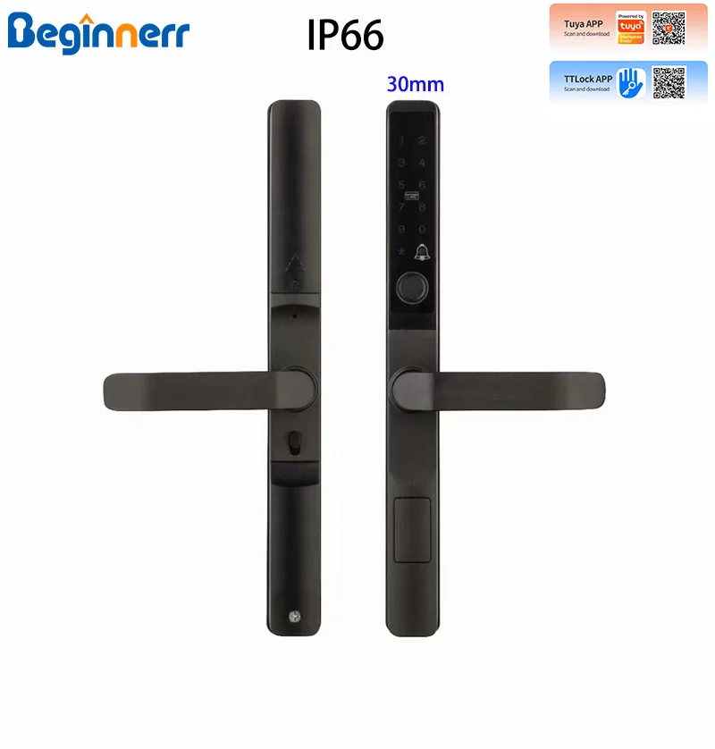 Fechadura de porta de alumínio inteligente fina à prova d'água IP66 2085 2585 3092 Mortise TUYA Ttlock Impressão digital reversível para porta Grill UPVC