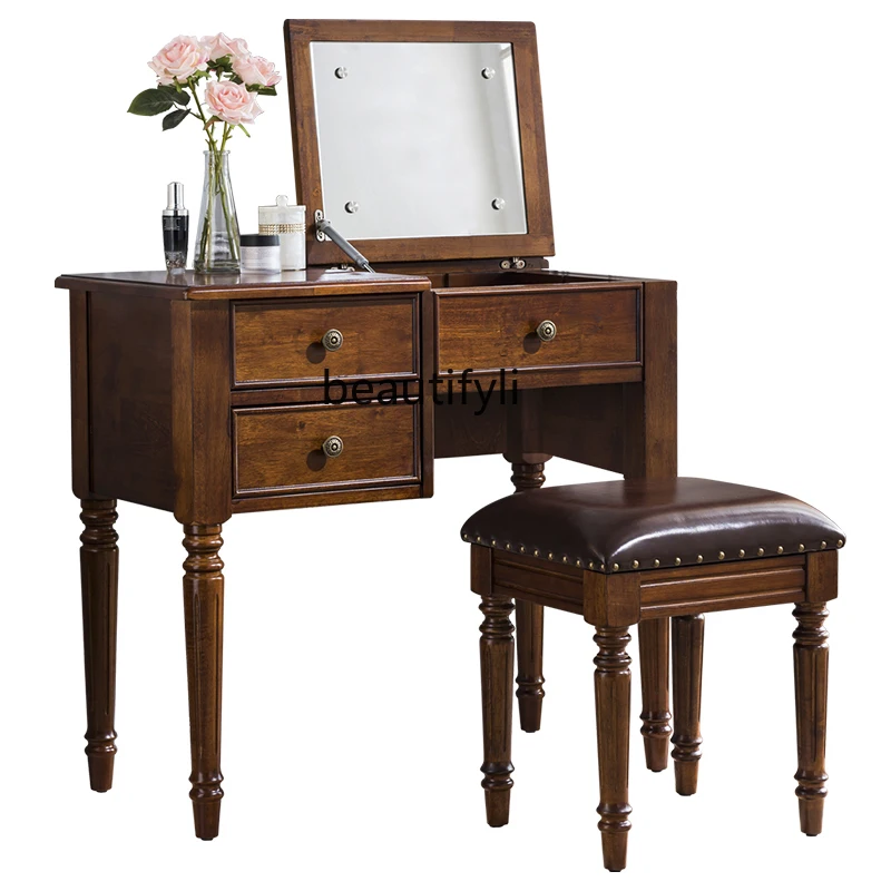 Solid Wood Flip Dressing Table Bedroom Light Luxury Dresser Desk Storage Cabinet Integrated Foldable Mirror