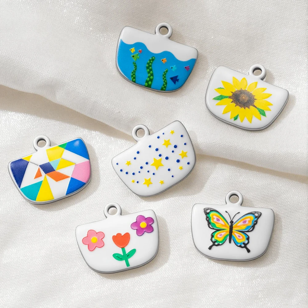 5 Stück Edelstahl-Emaille-Anhänger mit handgemalten Fisch-, Schmetterlings- und Blumenmotiven für DIY-Halsketten, Ohrringe und Schmuckherstellung. – Detail 2