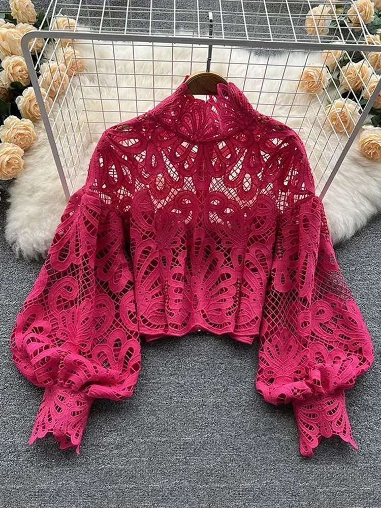 Spring Autumn New Fashion Blouse Female Hollow Lantern Sleeve Temperament Party Stand-up Collar Slim Short Lace Shirt Tops C342