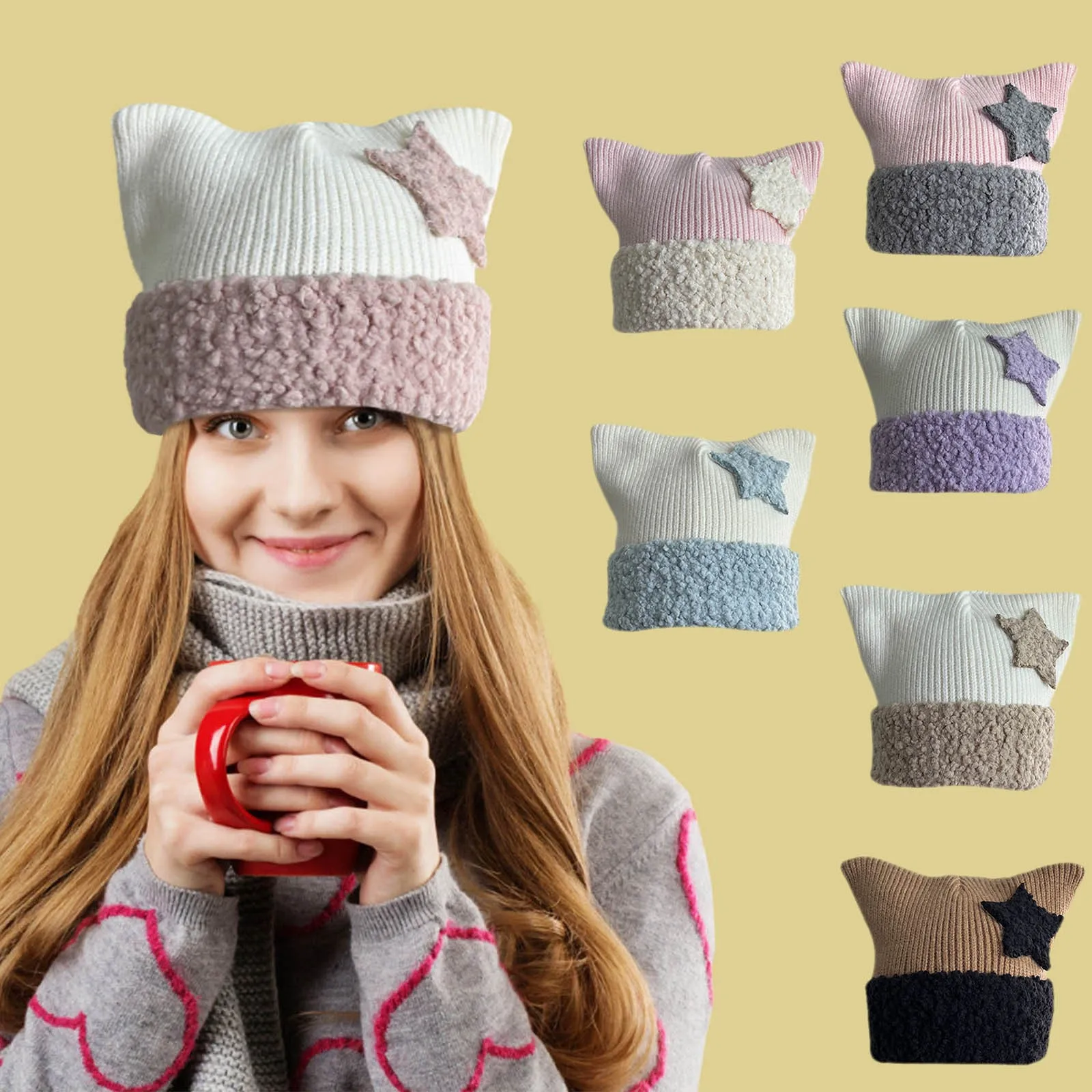 Y2K Crochet five-pointed Pattern Cat Ear Hat Handmade Soft Winter Warmer Knitted Hat Cold Winter Presents for Students Teenagers