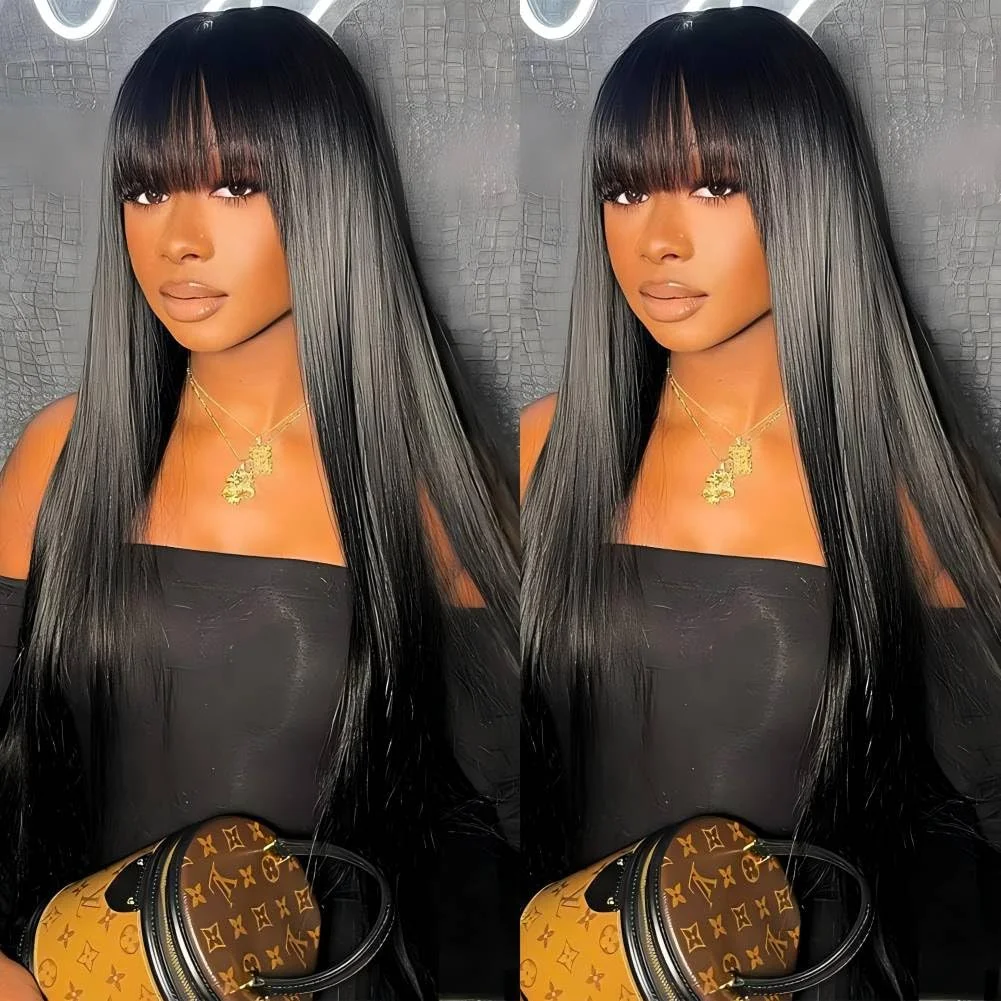 شعر مستعار بدون صمغ 3x1 شعر طبيعي مفرود الباروكات مع الانفجارات آلة كاملة صنع الباروكات البرازيلي خصلات الشعر المستعار الإنسان للنساء السود 8-34 بوصة