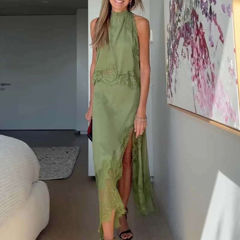 

Fashion O-neck Sleeveless Top & Long Skirt Suit Women Sexy Lace Patchwork Solid Party Outfits Elegant Hollow Out Loose 2Pc Sets