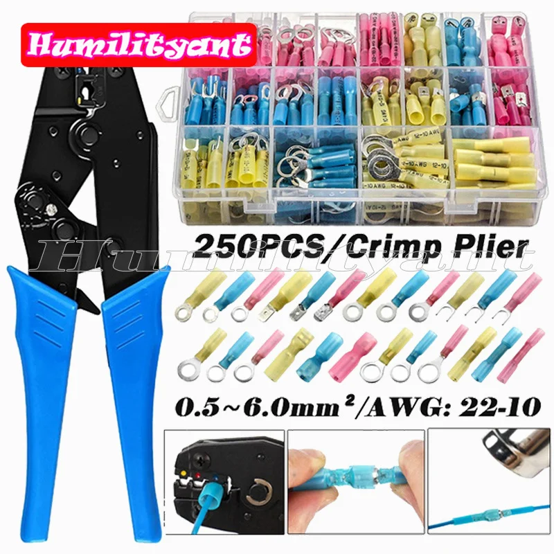 250Pcs Heat Shrink Wire Connectors Waterproof Automotive Ring Terminal Connectors Set with HS-40J Crimp Plier