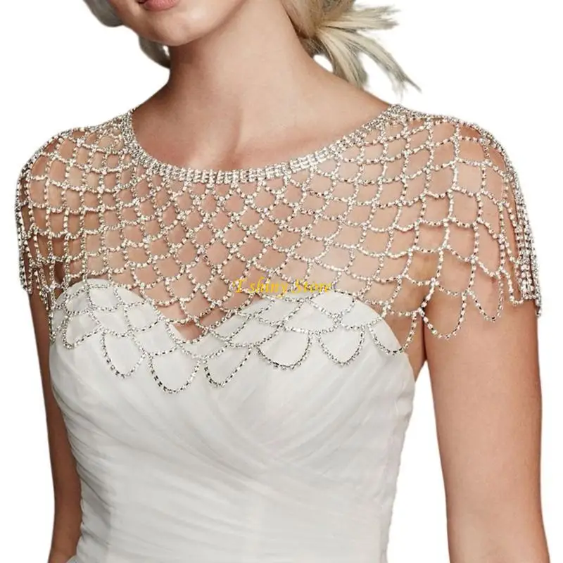 

N58F Elegant Mesh Shawl Shoulder Chain with Rhinestones Decor for Evening Party Wear