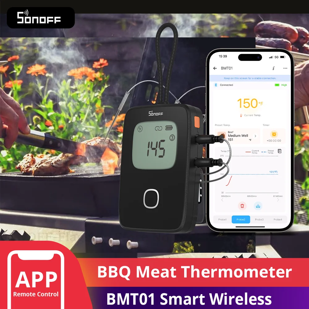 

SONOFF BMT01 BBQ Meat Thermometer Remote Monitoring Temperature Alert Barbecue Cooking Oven Grill Probe Works with eWeLink APP