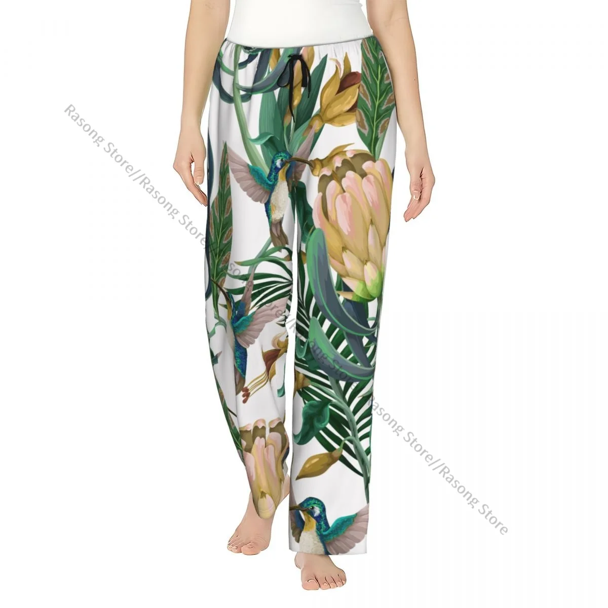 Hummingbirds Protea And Tropical Flowers Women Sleep Pants Warm Flannel Lounge Pants for Winter Nights