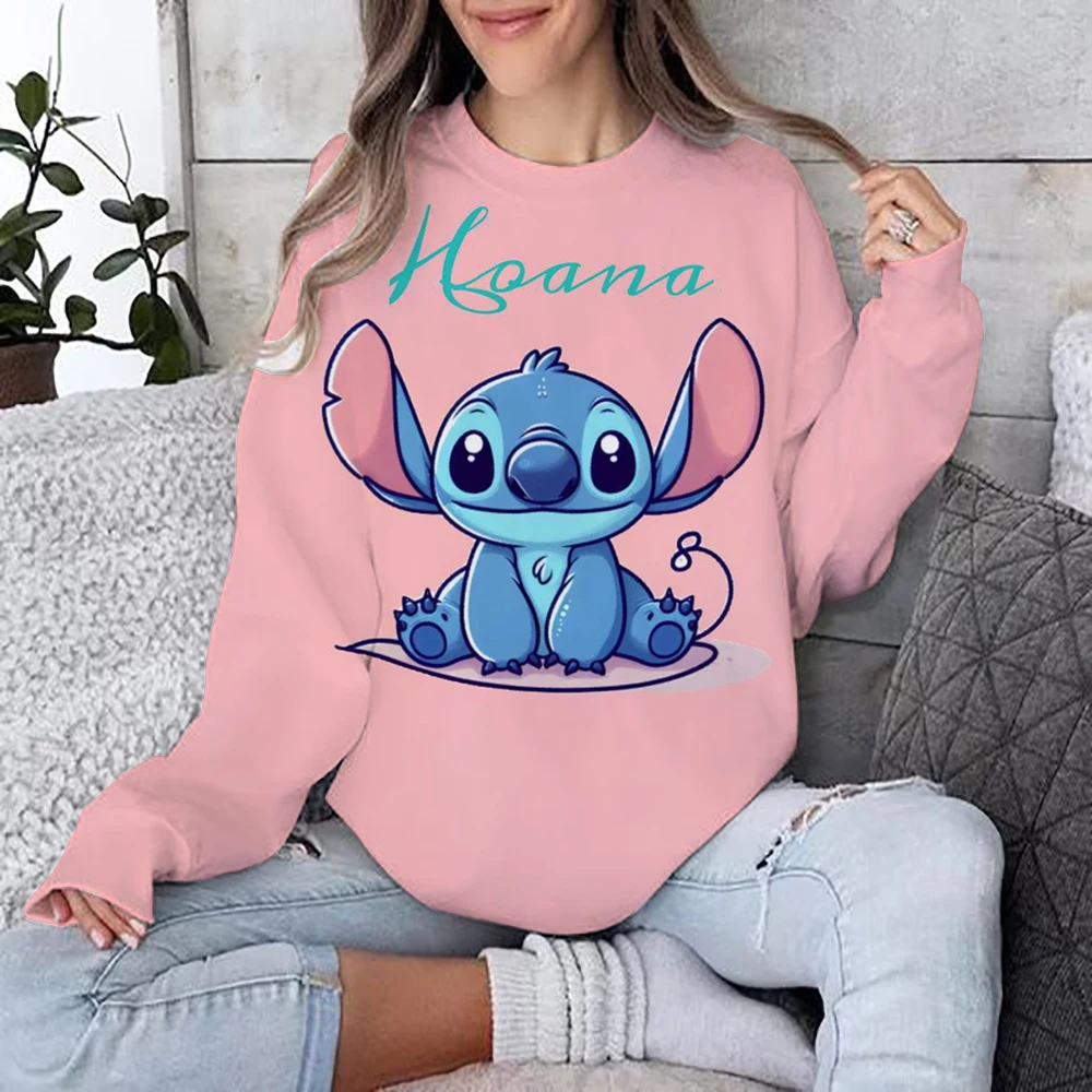 2024 nueva sudadera de dibujos animados de Disney Lilo & Stitch para mujer, Jersey holgado con cuello redondo, Top de manga larga con estampado divertido de otoño