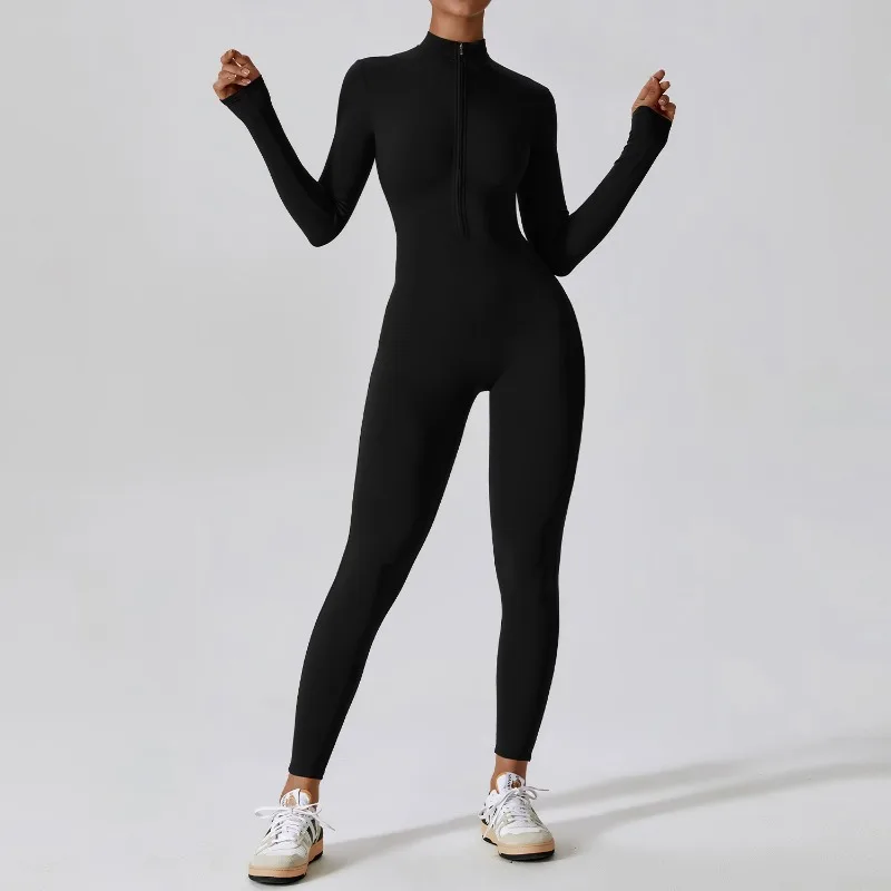 Macacão feminino de zíper de manga comprida, bodysuit fitness de alta intensidade, 2024