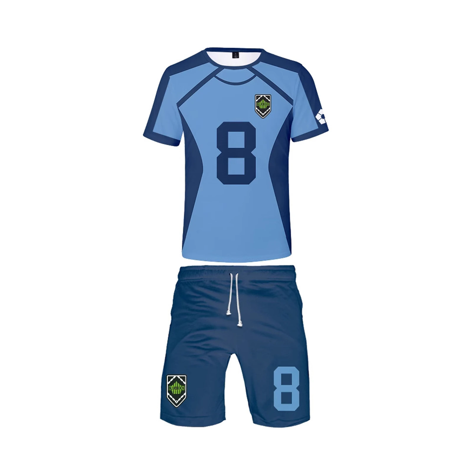 

Летняя футболка с синим замком и шорты, комплект из аниме-Джерси с цветным принтом для косплея, комплект из 2 предметов, костюмы для вечеринки на Хэллоуин