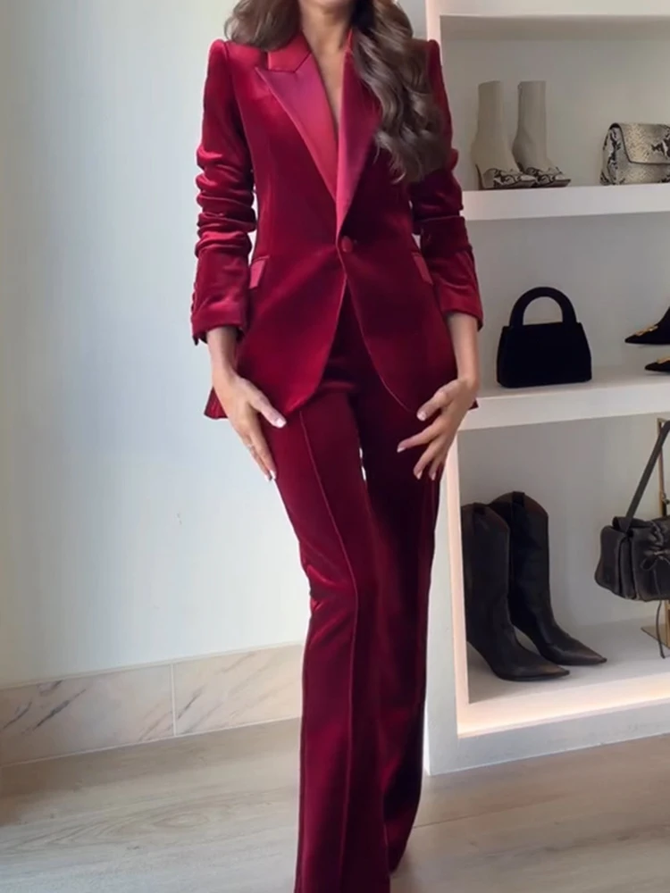 Elegant Commute Women's Solid Color Outfits Autumn Winter New Slim Two Piece Fashion Lapel Velvet Long Sleeve Blazer&Pants Sets