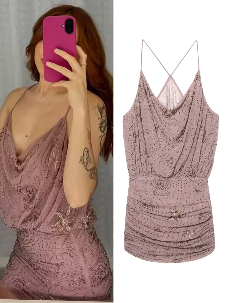 Women's Dress Beads Sequin Slip Dress Pleated Tulle Mesh Mini Dress 2025 Summer Backless Elegant Female Short Dresses