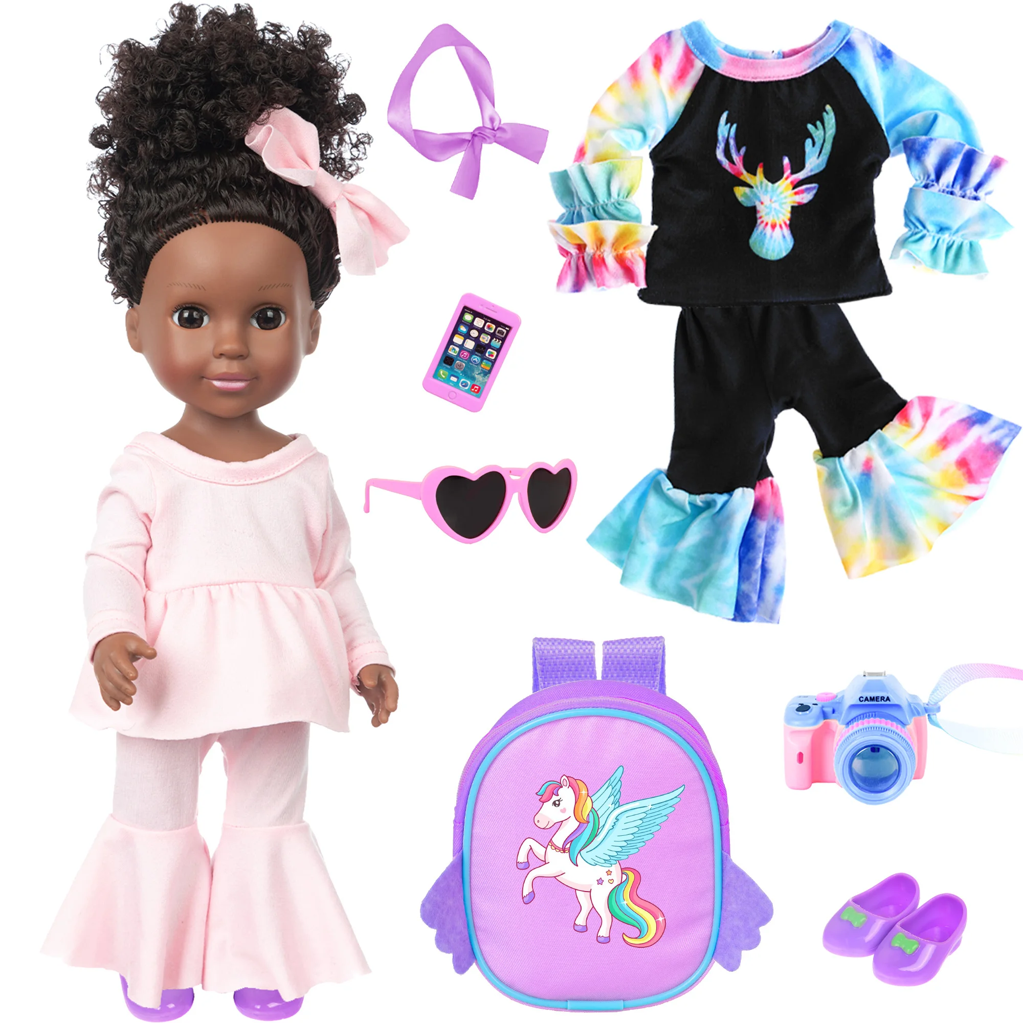 

One-Piece 14.5 inch Black Girl African-American Washable Realistic Silicone Baby Doll with Clothes Shoes Backbag Camera Glasses